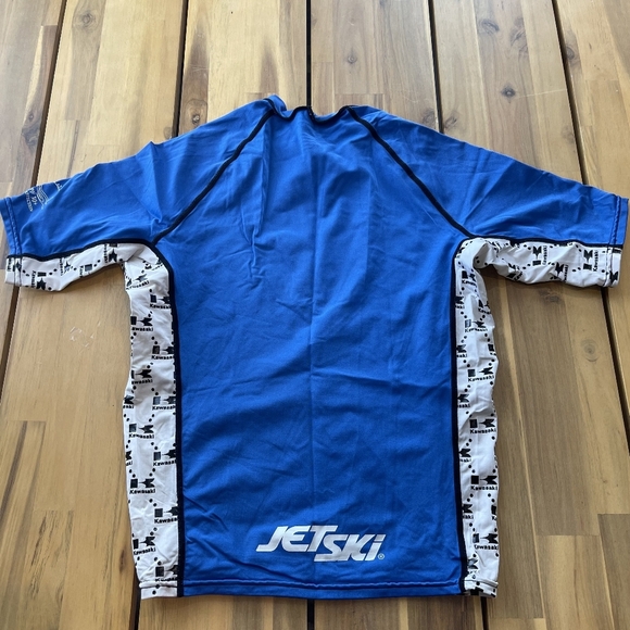 Vintage Kawasaki Jet Ski Mens Blue White Short Sleeve Rashguard Size Extra Small - Picture 2 of 6